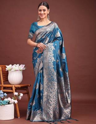 ocean teal blue floral woven soft silk blend saree 2