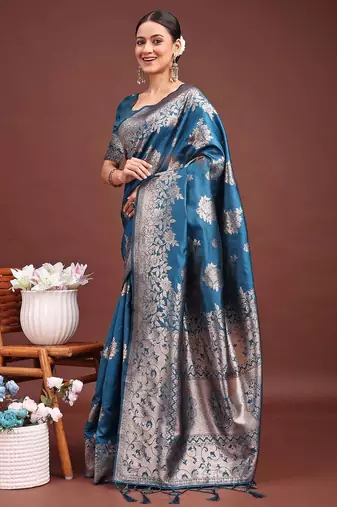ocean teal blue floral woven soft silk blend saree