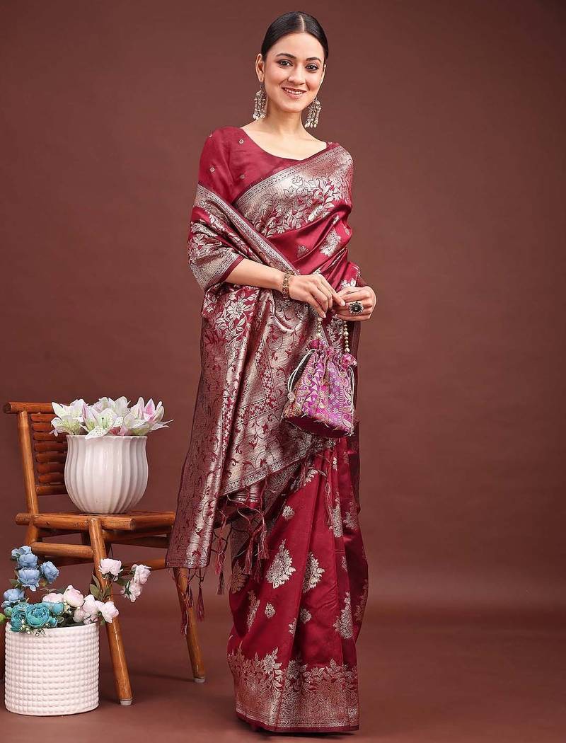 Sutriti classic maroon fetive wear soft silk saree with heavy zari