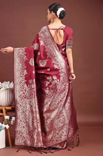classic maroon fetive wear soft silk blend saree with heavy zari