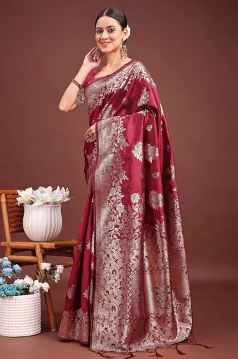 classic maroon fetive wear soft silk blend saree with heavy zari