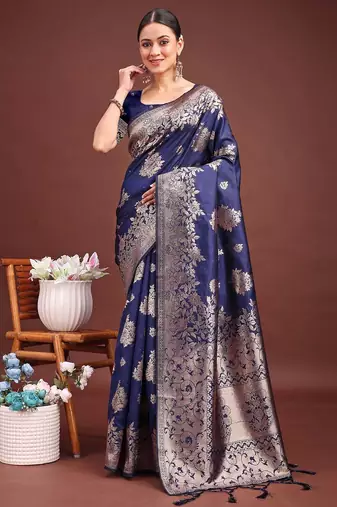 midnight navy blue woven soft silk blend saree