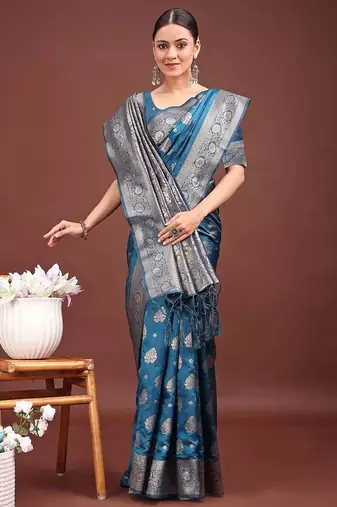 Sutriti steel blue soft silk saree with silver zari floral motifs