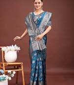 Sutriti steel blue soft silk saree with silver zari floral motifs