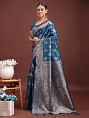 steel blue soft silk blend saree with silver zari floral motifs 2