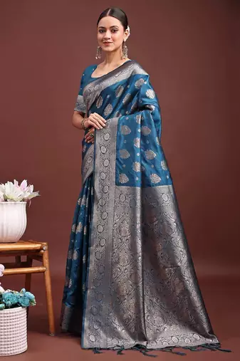 steel blue soft silk blend saree with silver zari floral motifs