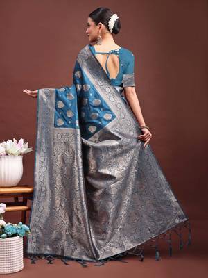 steel blue soft silk blend saree with silver zari floral motifs 3