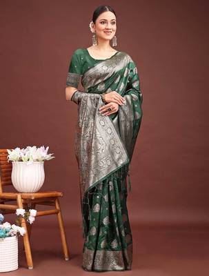 forest green woven soft silk blend saree with rich silver zari 1