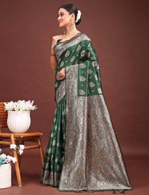 forest green woven soft silk blend saree with rich silver zari 4