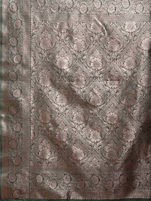 forest green woven soft silk blend saree with rich silver zari 5