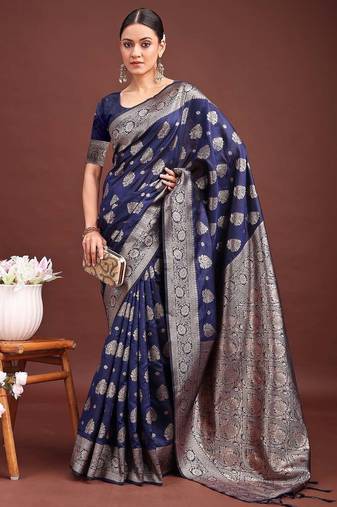 Sutriti deep navy blue soft silk saree with silver zari pallu