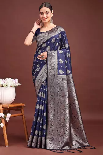 deep navy blue soft silk blend saree with silver zari pallu
