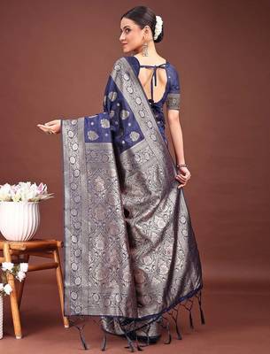 deep navy blue soft silk blend saree with silver zari pallu 3