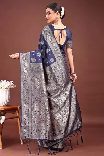 deep navy blue soft silk blend saree with silver zari pallu