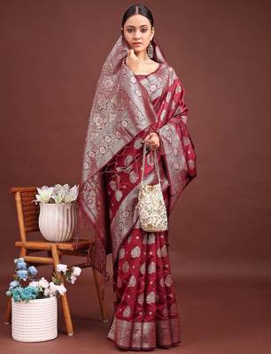 deep burgundy maroon soft silk blend saree for wedding wear 1