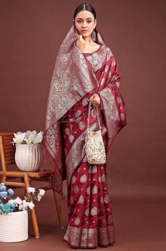 Sutriti deep burgundy maroon soft silk saree for wedding wear