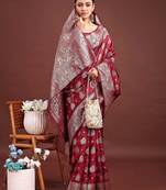 Sutriti deep burgundy maroon soft silk saree for wedding wear