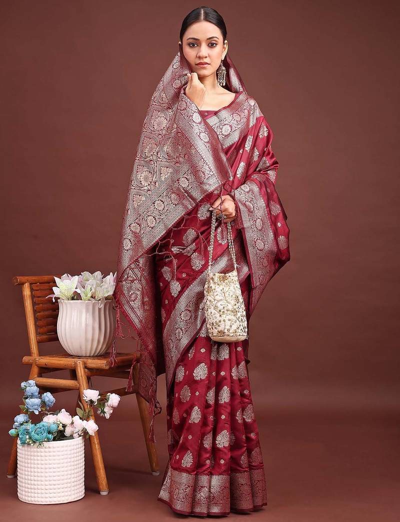 Sutriti deep burgundy maroon soft silk saree for wedding wear