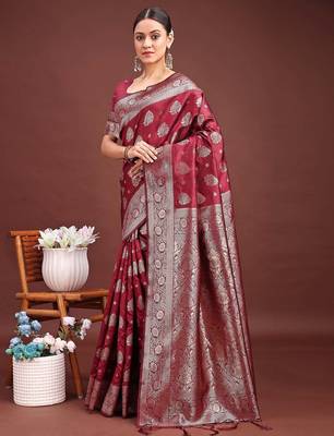 deep burgundy maroon soft silk blend saree for wedding wear 4