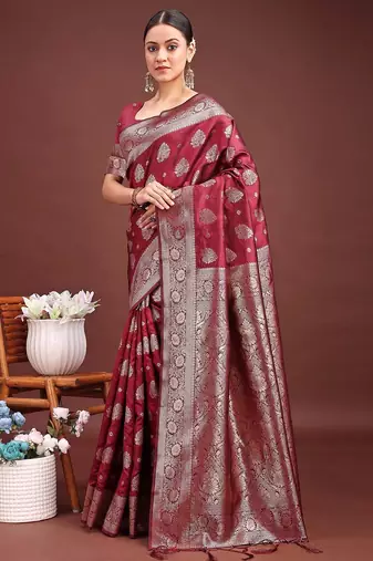 deep burgundy maroon soft silk blend saree for wedding wear
