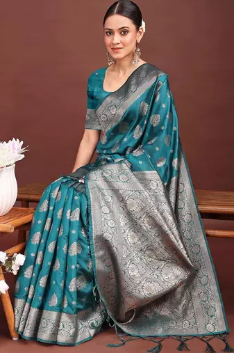 Sutriti peacock teal green soft silk saree with zari weaving