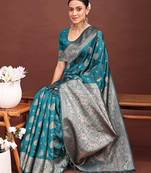 Sutriti peacock teal green soft silk saree with zari weaving