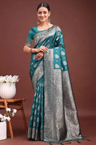 peacock teal green soft silk blend saree with zari weaving