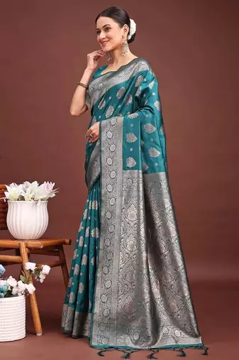 peacock teal green soft silk blend saree with zari weaving