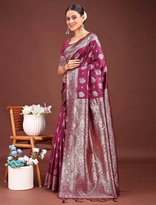 magenta wine soft silk blend saree with silver zari details 2