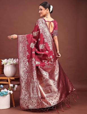 magenta wine soft silk blend saree with silver zari details 3