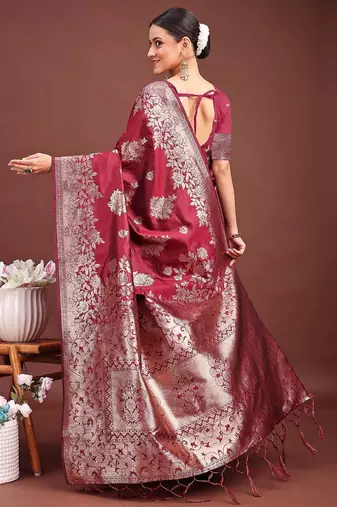 magenta wine soft silk blend saree with silver zari details