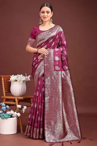 magenta wine soft silk blend saree with silver zari details