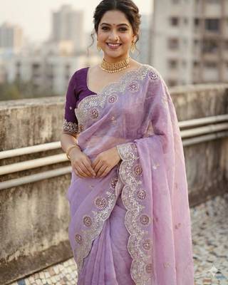 lavender color embroidery work gold crush art silk saree  1