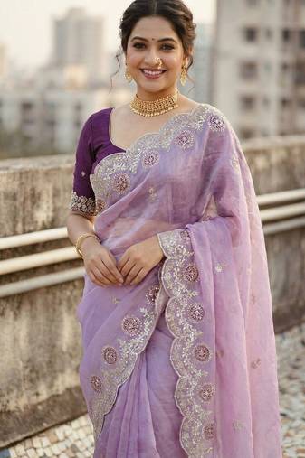 lavender color embroidery work gold crush silk saree 
