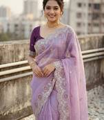 lavender color embroidery work gold crush silk saree 