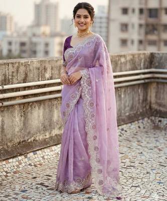 lavender color embroidery work gold crush art silk saree  2