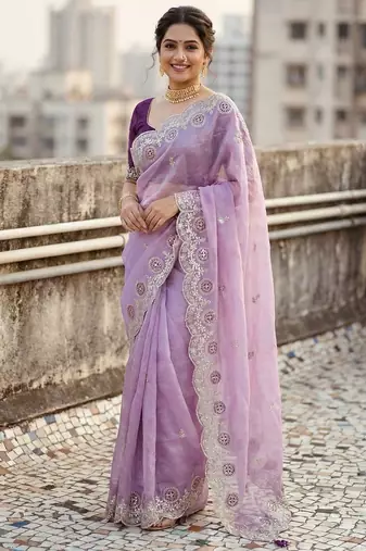 lavender color embroidery work gold crush art silk saree 