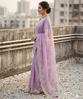lavender color embroidery work gold crush art silk saree  3