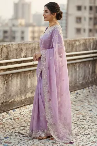 lavender color embroidery work gold crush art silk saree 