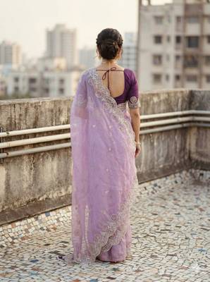lavender color embroidery work gold crush art silk saree  4