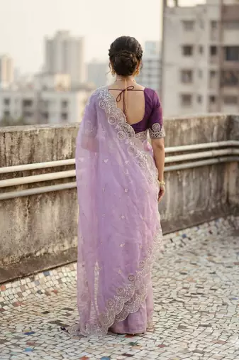 lavender color embroidery work gold crush art silk saree 