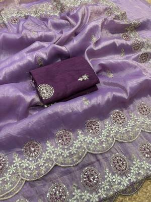 lavender color embroidery work gold crush art silk saree  5