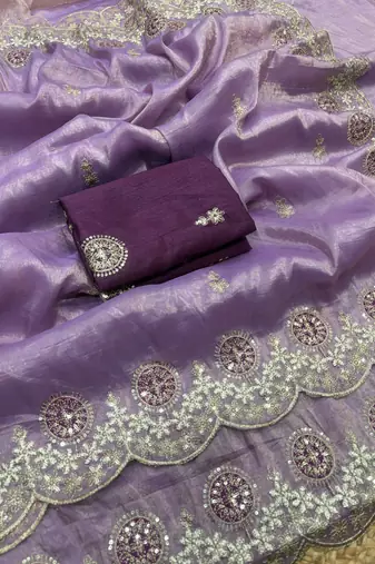 lavender color embroidery work gold crush art silk saree 