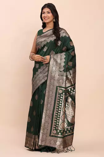 bottle green zari woven saree with rich border & heavy pallu 