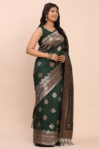 bottle green zari woven saree with rich border & heavy pallu 