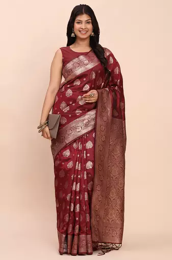 deep burgundy maroon soft silk blend saree for wedding wear
