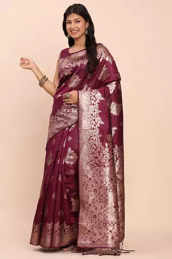 rich wine purple woven soft silk blend saree - party wear