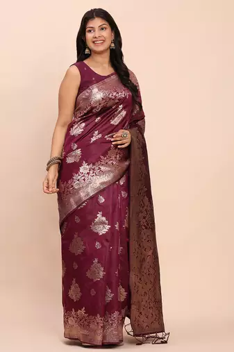 rich wine purple woven soft silk blend saree - party wear