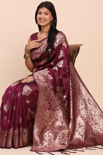 rich wine purple woven soft silk blend saree - party wear