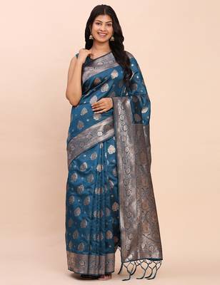 steel blue soft silk blend saree with silver zari floral motifs 1